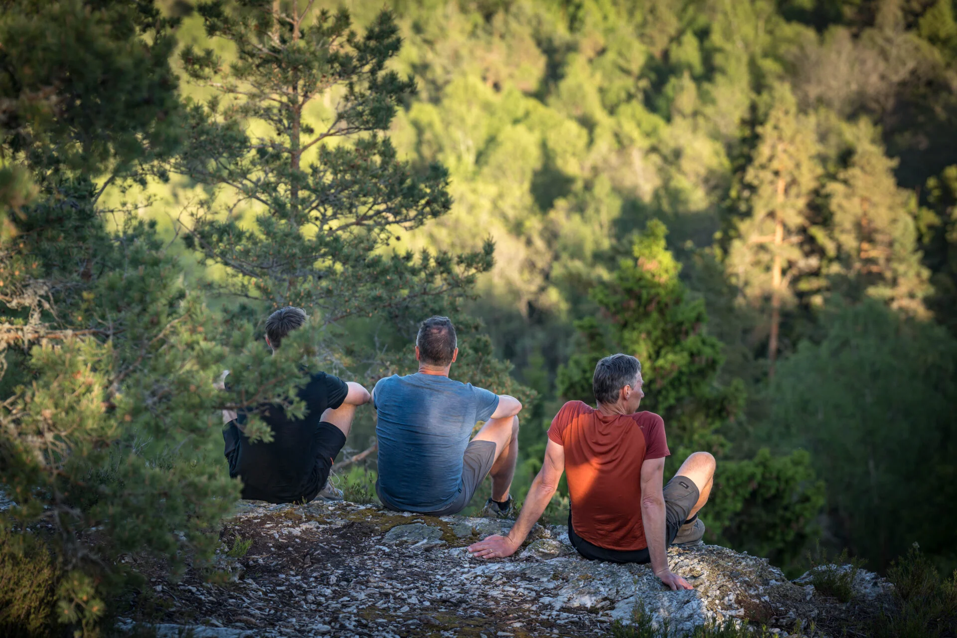 Drie mannen zitten op een rotsrand in een bosrijke omgeving en kijken uit over een groen dal, badend in zacht avondlicht.